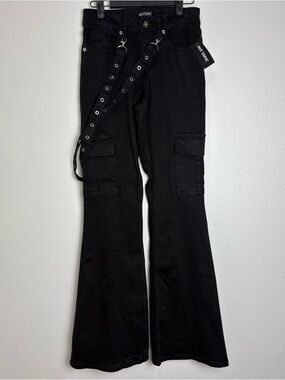Hot Topic Black Flared Cargo Pants with Grommet Suspenders Size 3